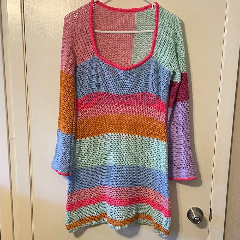 Colorful Striped Crochet Dress Coverup
